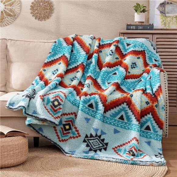 Boho Sherpa Throw Blanket Aztec Aqua Ultra Soft Warm Cozy Plush Thick Fleece NEW - Picture 3 of 5